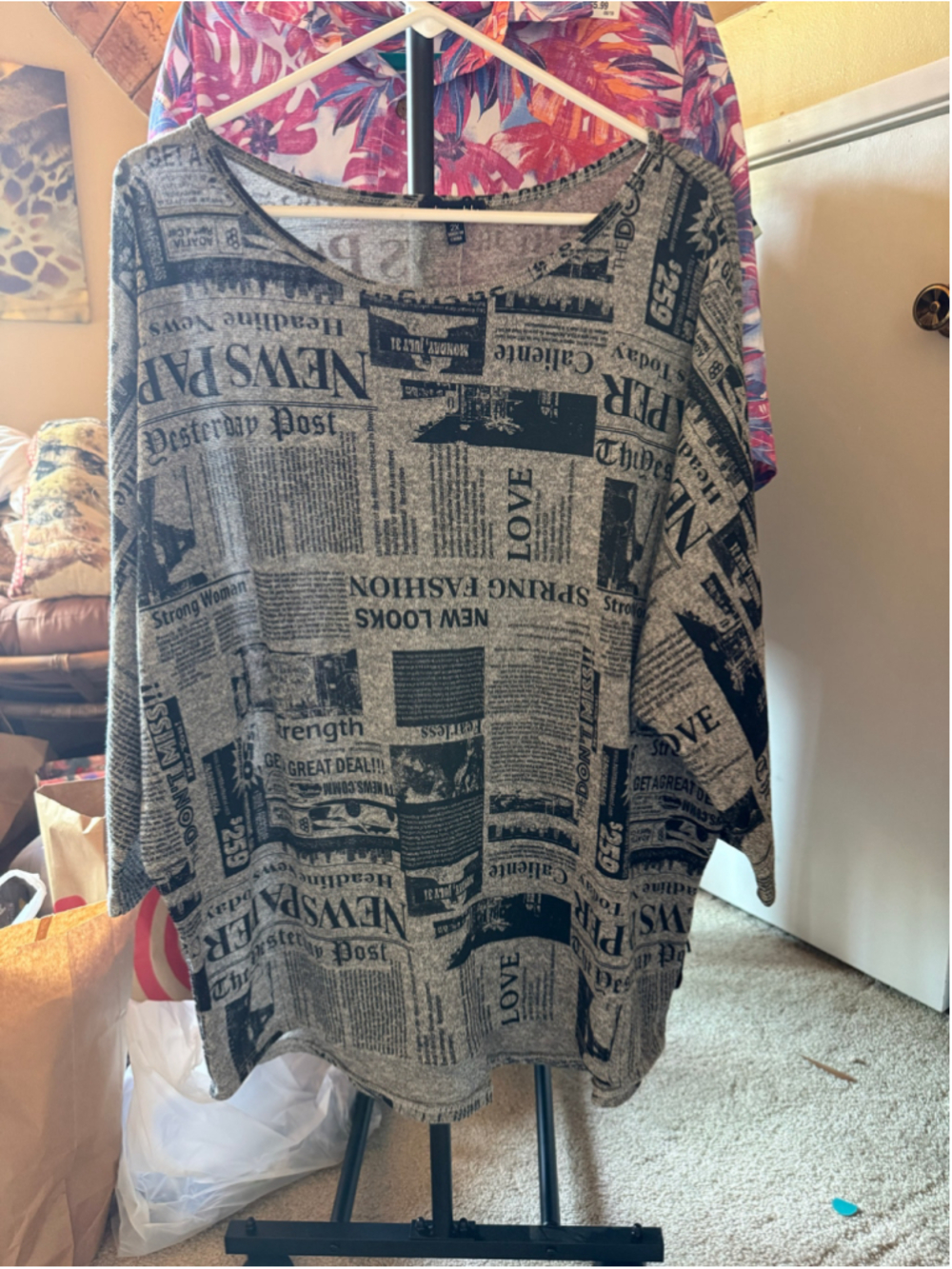 Olivia Blu Gray Newspaper Print Long Sleeve Sweater Top 2X Y2K Retro Chic